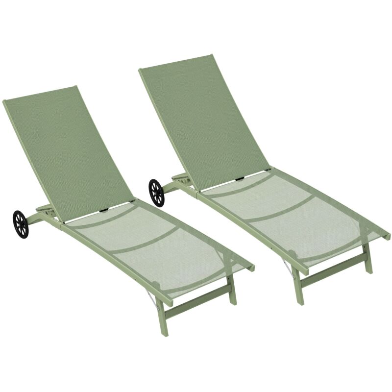 Lot de 2 bains de soleil transats inclinables - 2 roulettes - alu. textilène vert