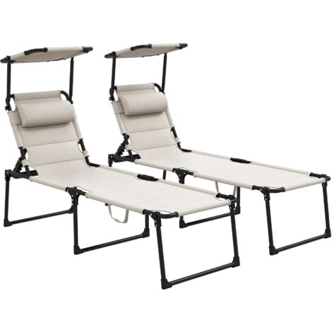 Lot de 2 Bains de soleil transats pliables grand confort dossier pare-soleil réglables multi-positions, crème