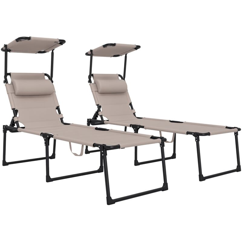 Lot de 2 bains de soleil transats pliables réglables avec pare-soleil taupe