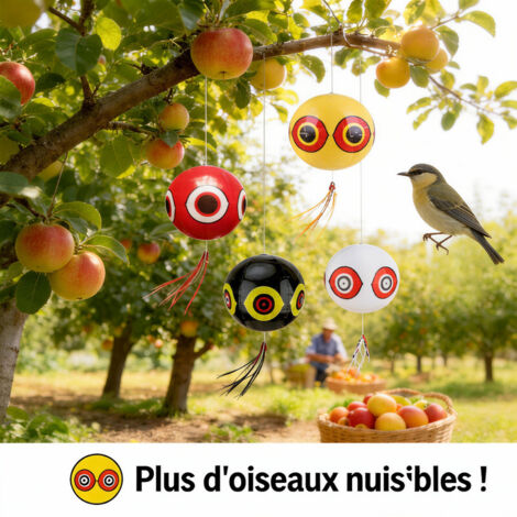 Lot de 2 Ballons anti-oiseaux jaunes gonflables PVC 60 cm, autocollant laser réfléchissant, cordon de suspension, ballon de plage extérieur