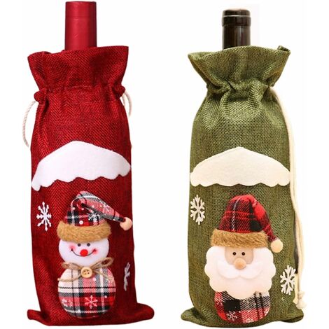 Lot de 2 Ballotins Champagne Toile de Jute et Cordon de Serrage Design de Noël Original Personnage Bonhomme de Neige Christmas Beige Rouge Idées à Offrir (Rouge-Vert)