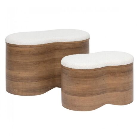Lot de 2 bancs coffres de rangement en bois et bouclette blanche - Longueur 72 x Profondeur 45 x Hauteur 40,5 cm