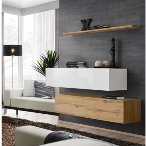 Lot de 2 Bancs Muraux & Étagère "Switch SBII" 130cm Naturel & Blanc