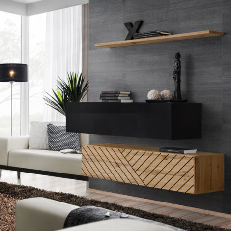 Lot de 2 Bancs Muraux & Étagère "Switch SBII" 130cm Naturel Rainuré & Noir