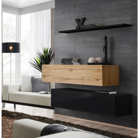 Lot de 2 Bancs Muraux & Étagère "Switch SBII" 130cm Noir & Naturel