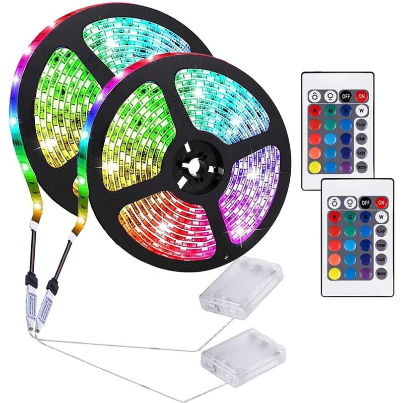 Lot de 2 bandes lumineuses LED alimentées par piles avec télécommande 24 touches, pour arrière-plan TV, décoration de fête intérieure (2 m, 120 LED)