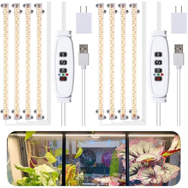 Lot de 2 bandes lumineuses pour culture, bandes lumineuses LED à spectre complet pour plantes d'intérieur avec minuterie d'allumage/extinction