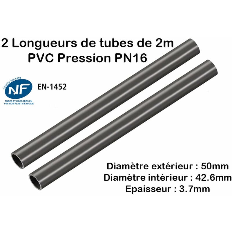 Lot de 2 Barres de Tuyau Rigide Tube pvc Pression PN16 50mm : Longueur 2m