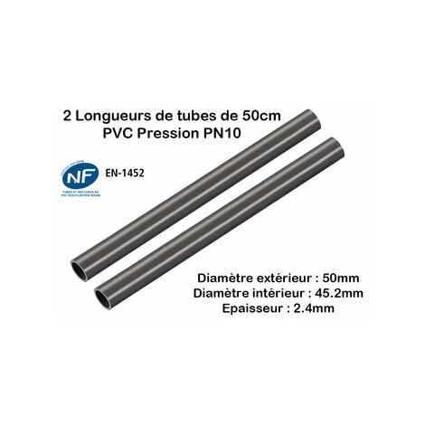 Lot de 2 Barres Tuyau 50mm : Longueur 50cm Rigide Tube PVC