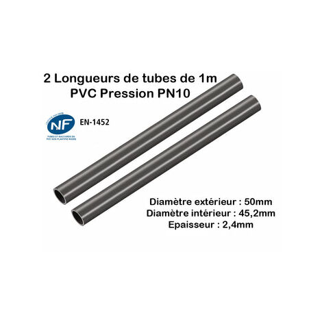 Lot de 2 Barres Tuyau Rigide Tube PVC Pression PN10 50mm : Longueur 1m