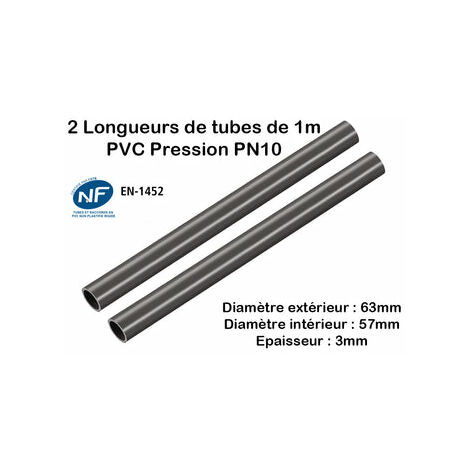 Lot de 2 Barres Tuyau Rigide Tube PVC Pression PN10 63mm : Longueur 1m / Piscine et bassins