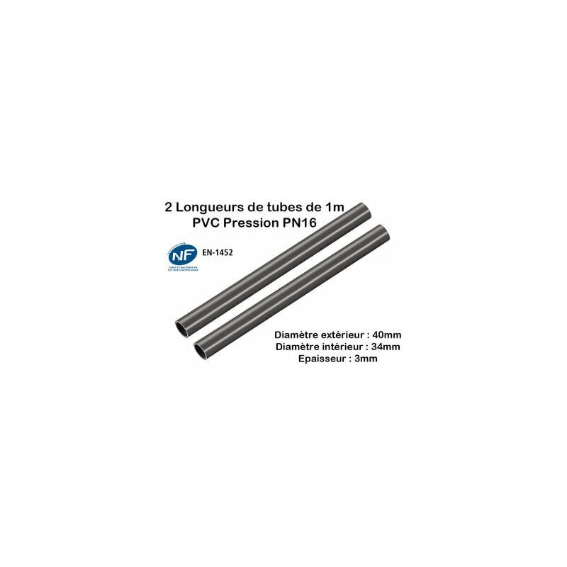 Lot de 2 Barres Tuyau Rigide Tube PVC Pression PN16 40mm : Longueur 1m