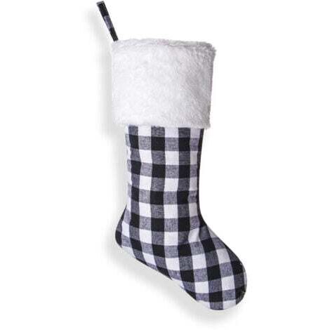 Lot de 2 bas de Noël à suspendre pour cheminée, 46 cm, en fourrure, à carreaux, décoration de Noël (blanc et noir)