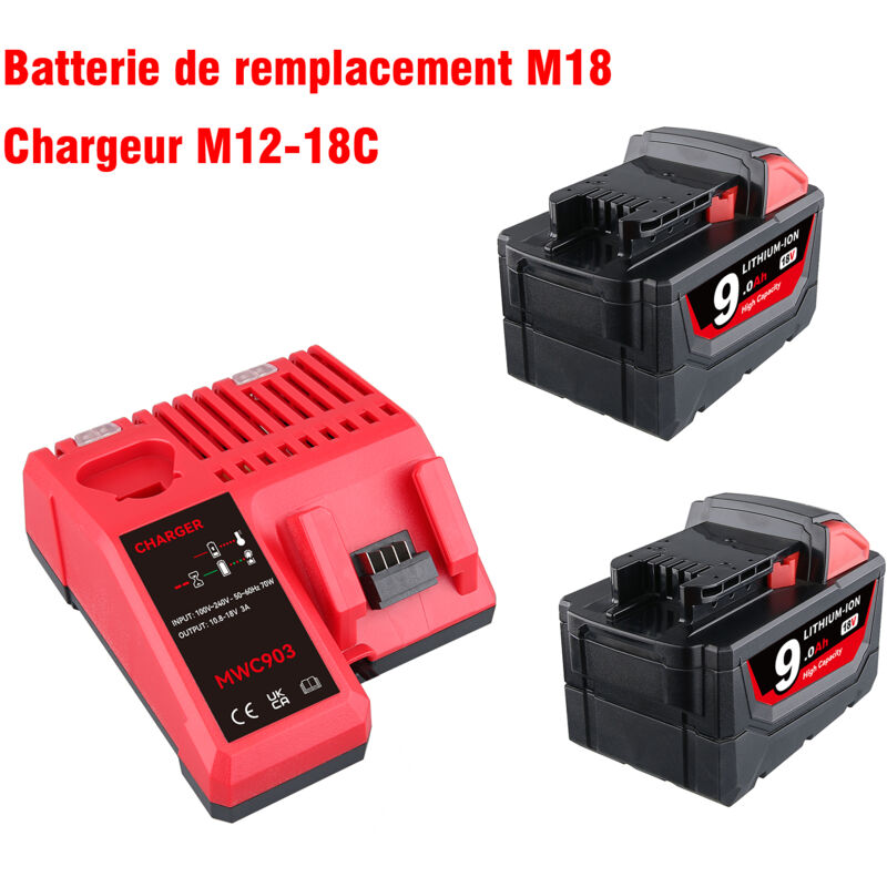 Lot de 2 batteries de rechange 9,0 Ah pour batterie lithium-ion Milwaukee M18 et kit de chargeur compatible avec les outils électriques sans fil