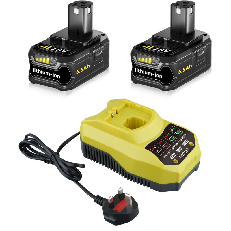 Lot de 2 batteries de rechange Ryobi 18 v P108 P102 5.5 Ah et chargeur P117, compatibles avec les outils sans fil Ryobi 18 v P103 P104 P105 P107 P109
