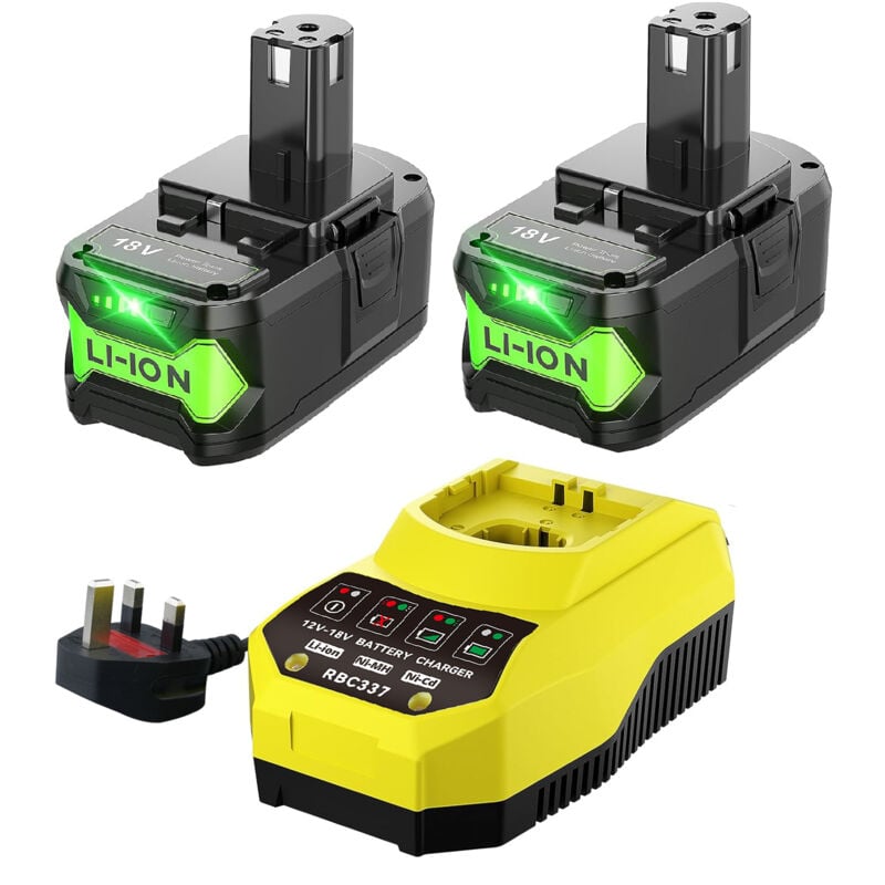Lot de 2 batteries de rechange Ryobi 18 v P108 P102 9.0 Ah et chargeur P117, compatibles avec les outils sans fil Ryobi 18 v P103 P104 P105 P107 P109