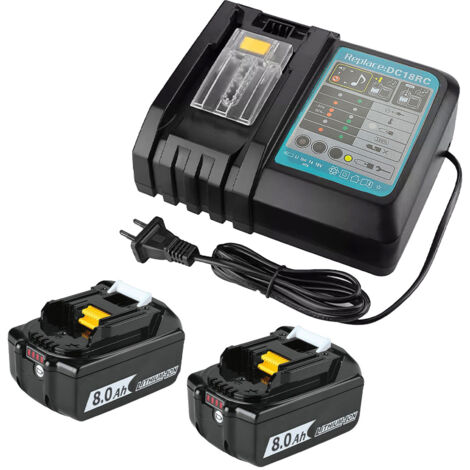 Lot de 2 batteries de remplacement 8000 mAh pour outils Makita 18 V, chargeur rapide compatible avec les batteries lithium-ion Makita 18 V.