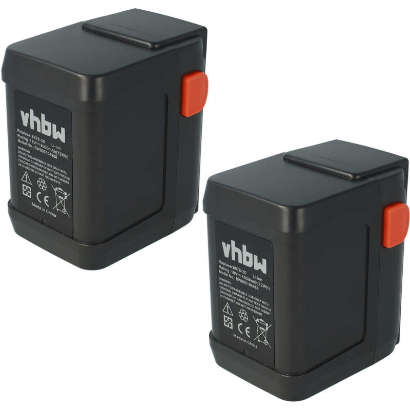 Vhbw - Lot de 2 batteries Li-Ion 4000mAh (18V) pour outils coupe-bordures Gardena AccuCut 400 Li comme 8835-U, 8835-20, 8839, 8839-20.