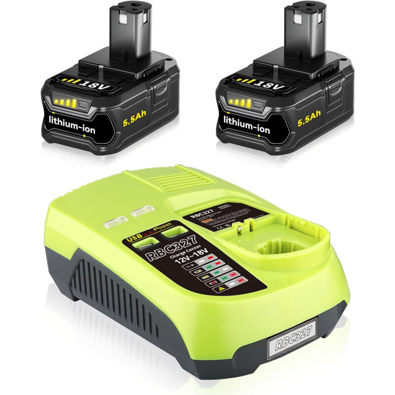 Lot de 2 batteries lithium-ion 5.5 Ah P108 compatibles avec Ryobi 18 v (0ne+) P102, P103, P105, P107, P108, P109, RB18L50, RB18L40, RB18L25, RB18L15,