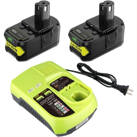 PDSTATION Lot de 2 batteries lithium-ion 8.0 Ah P108 compatibles avec Ryobi 18 V(One+) P102,P103,P105,P107,P108,P109,RB18L50,RB18L40,RB18L25,RB18L15,avec chargeur Ryobi P117(2 batteries +P117)