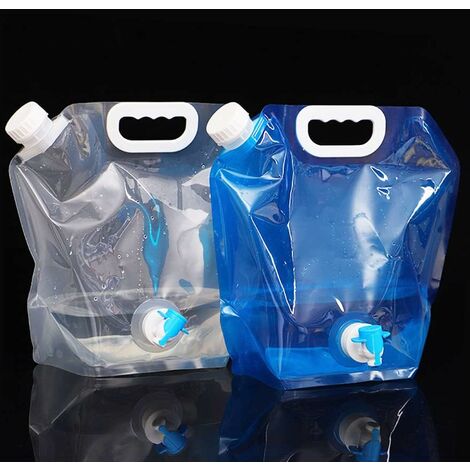 Lot de 2 bidons d'eau pliables avec robinet, réservoir d'eau, réservoir d'eau de camping, 5 L, sans BPA, transparent et bleu - MODOU