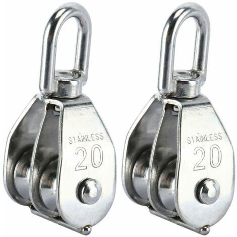 Lot de 2 blocs de poulie double en acier inoxydable 304 avec crochet pivotant à double poulie (M20)