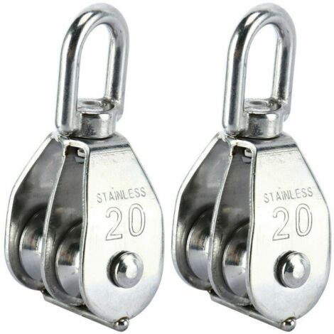 Lot de 2 blocs de poulie double M20 – Acier inoxydable 304 – Charge max 75 kg – Corde 7 mm – Crochet pivotant pour traction efficace