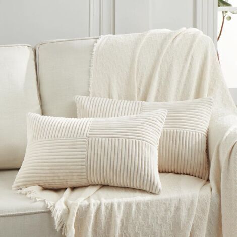 Lot de 2 Boho Housse de Coussin 30x50 Crème,à Motif Croisé Decoration Beige Clair Housses de Coussin en Velours Côtelé,Douillet Taie d'oreiller Housse Coussin Moderne pour Canapé Chambre Lit
