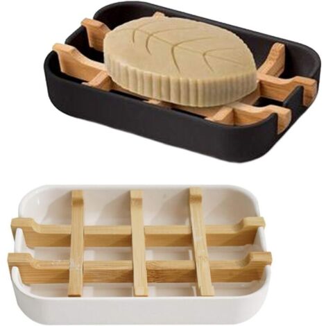 Lot de 2 Boîte à Savon Naturel Porte-Savon en Bois avec Plateau égouttoir Grille de Savon Plateau -Savon Auto-drainant pour Salle de Bain Douche Cuisine (sans Couverture) --blanc+noir