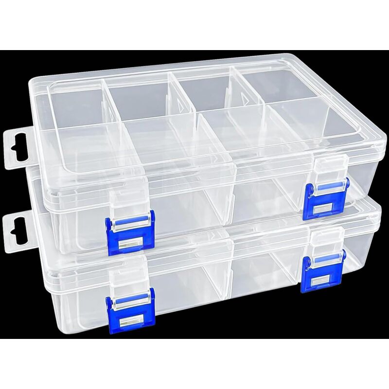 Lot de 2 Boîte de rangement compartimentée en plastique, avec 8 compartiments réglables, Organisateur pour perles, bijoux et petits accessoires,