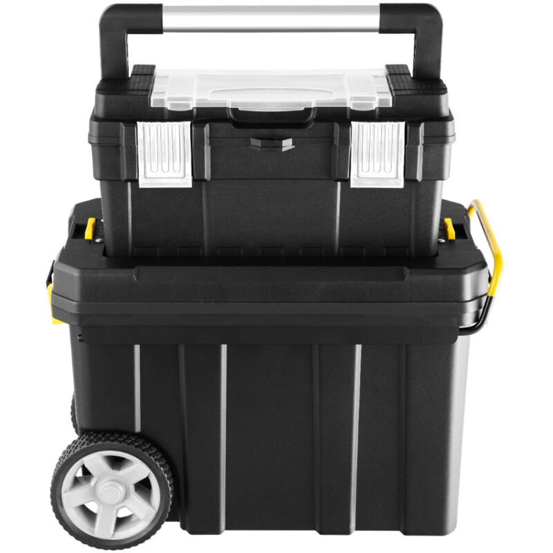 Lot de 2 boîtes à outils de rangement chariot emboîtable avec poignée de traction et plateau amovible étui de rangement en 2 pièces noir
