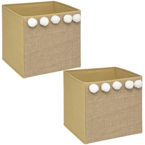 Lot de 2 boîtes de rangement en jute avec pompons