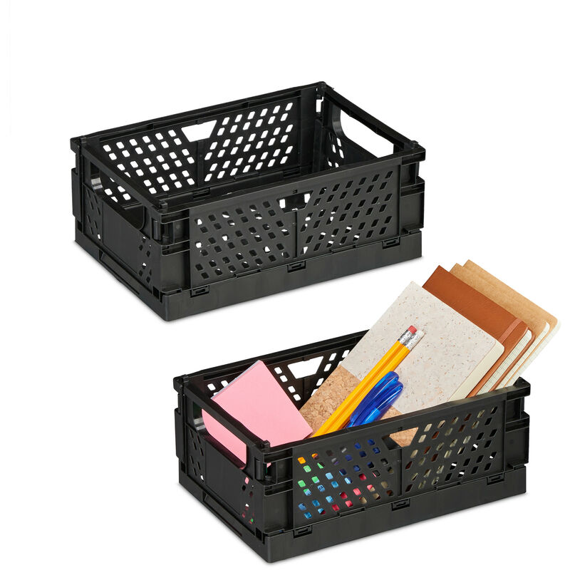 Lot de 2 boîtes de rangement, petites caisses, empilables & pliables, HxLxP: 10x25x26,5 cm, plastique, noir - Relaxdays
