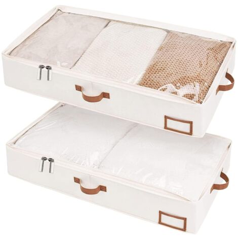 Lot de 2 boîtes de rangement sous le lit - 85 x 45 x 15 cm - Avec couvercle - Sac de rangement pour vêtements, couettes, couvertures, couettes - Beige