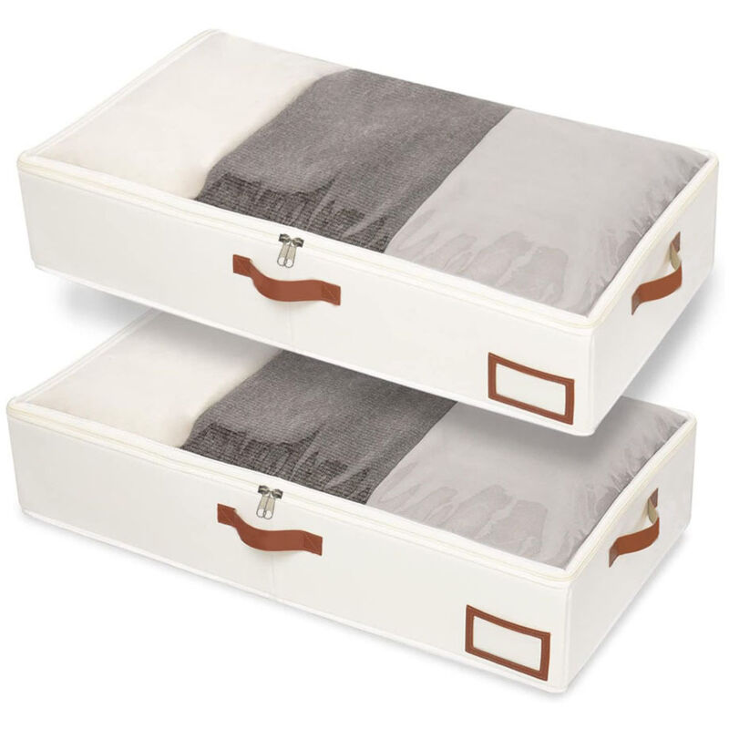 Lot de 2 Boîtes de Rangement Sous Lit – Bacs en Tissu Épais avec Poignées et Étiquettes, Organisation Vêtements, Couvertures et Pulls
