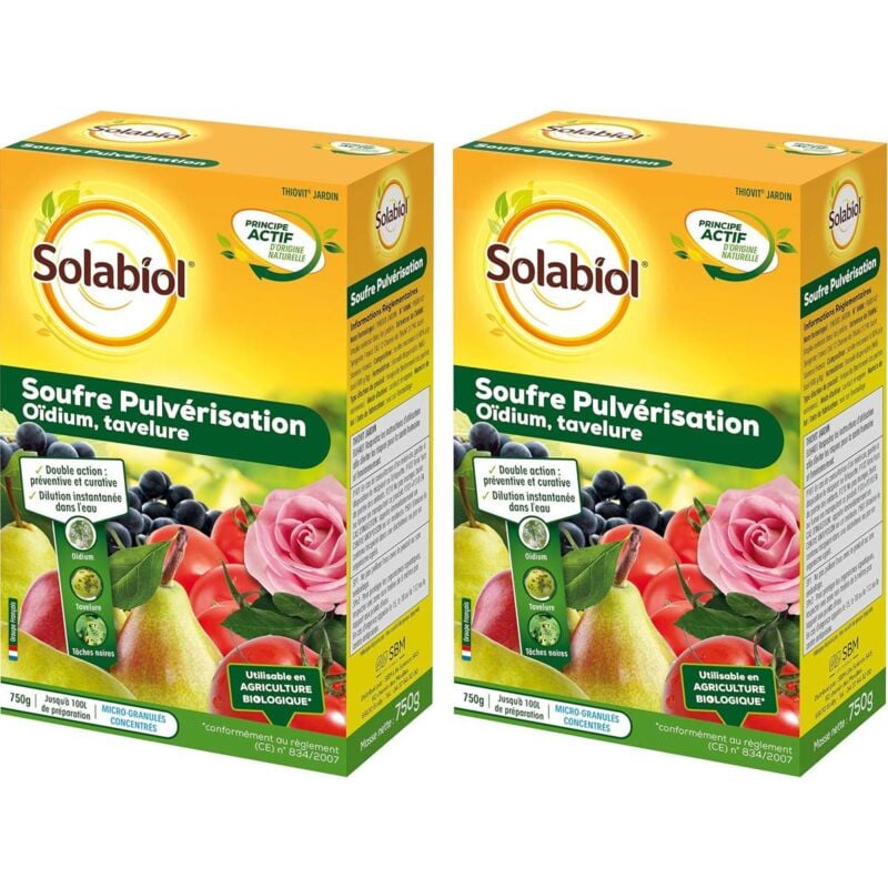 Solabiol - Lot de 2 boîtes de Souffre Pulvérisation 750g – Protection efficace contre l'oïdium et les maladies des plantes