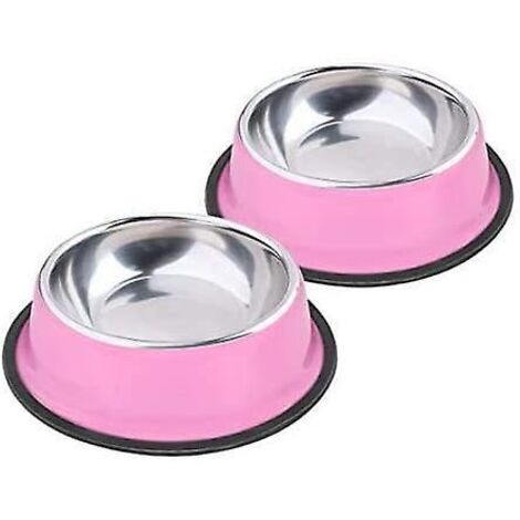 Lot de 2 bols roses en acier inoxydable avec base antidérapante en caoutchouc pour petits chiens et chats (320 ml)