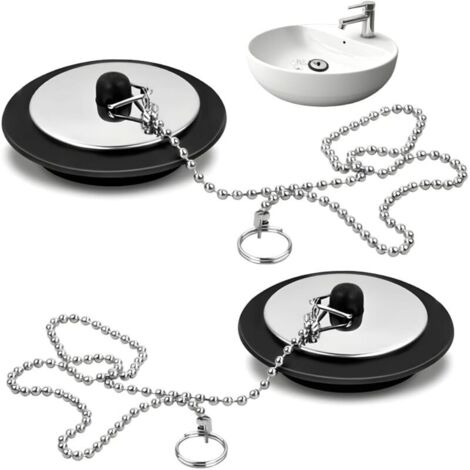 Lot de 2 bondes de baignoire universelles, PVC, noir, 42 mm-45 mm, pour évier de cuisine et de salle de bain, chaîne en acier inoxydable