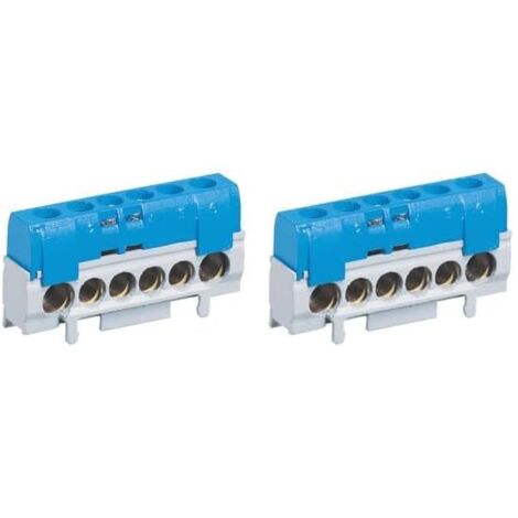 Lot de 2 Bornier de répartition IP2X, 1 connexion 10-35mm², PVC bleu, L.62mm, pour rail DIN