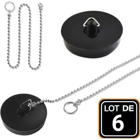 Lot de 2 bouchons de vidange en caoutchouc avec chaîne de blocage de 10 cm - Pour baignoire, cuisine, salle de bain - 45 mm - Noir