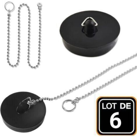 Lot de 2 bouchons de vidange en caoutchouc avec chaîne de blocage de 10 cm - Pour baignoire, cuisine, salle de bain - 45 mm - Noir