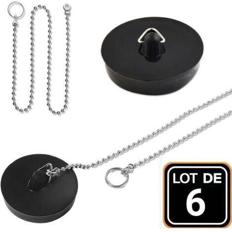 Lot de 2 bouchons de vidange en caoutchouc avec chaîne de blocage de 10 cm - Pour baignoire, cuisine, salle de bain - 45 mm - Noir