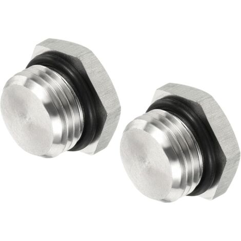 Lot de 2 Bouchons Mâles Filetés - Raccord Tuyauterie Solide à Tête Hexagonale avec Joint en Caoutchouc d'Étanchéité, Convient aux Tuyaux d'Eau (M16X1.5, Ton Argent)