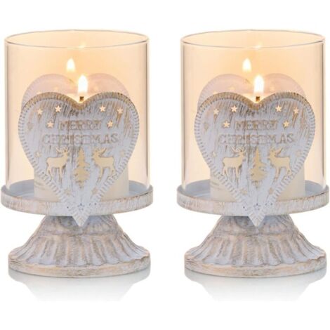 Lot de 2 Bougeoirs Chandelier en Blanc Métal Supports pour Bougies Piliers(Cœur), Bougeoirs en Détresse de L'ouragan Préfèrent Pièces pour Décoration de Cheminée de Manteau de Table de Noël, Blanc
