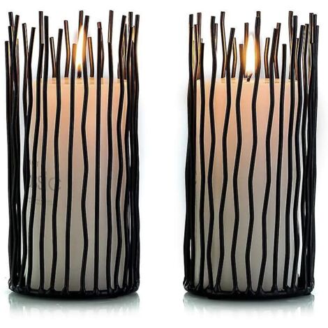 Lot de 2 bougeoirs colonnes en métal, style saule, avec éclairage LED sans flamme, noirs.