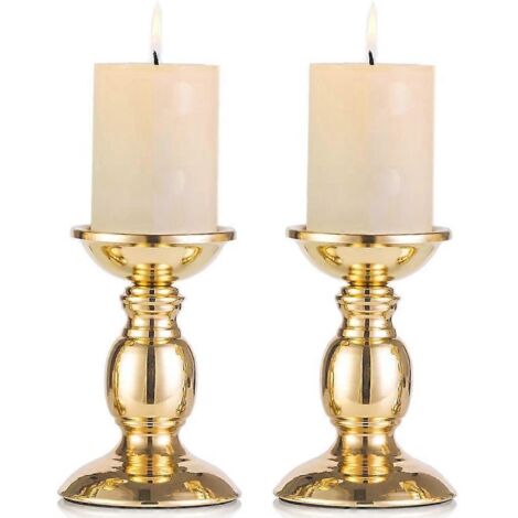 Lot de 2 bougeoirs en fer doré pour bougies piliers, idéaux pour les bougies piliers de 8 cm ou les bougies LED sans flamme. Cadeau parfait pour un mariage, une fête, la maison, un spa, le reiki ou le