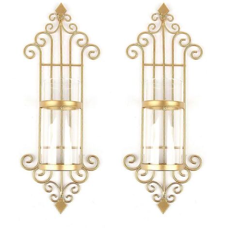Lot de 2 bougeoirs muraux en métal de style antique européen avec coupelle en verre, style rétro, pour bougies chauffe-plat, décoration pour la maison et les fêtes.