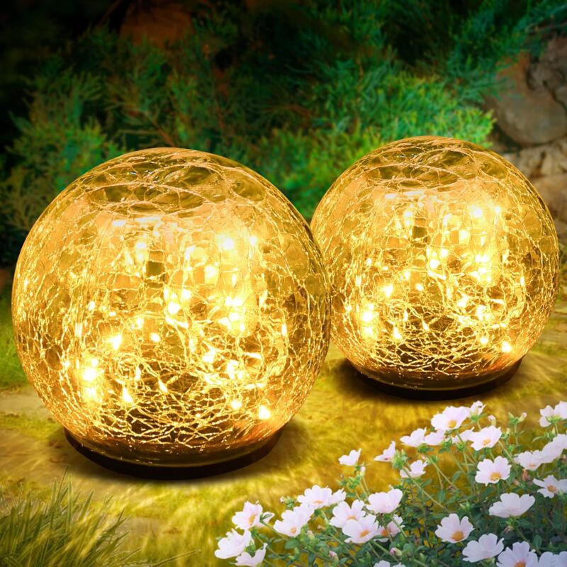 Lot de 2 Boule de Verre Craquelé Solaire, Décorations Boules Lumineuses LED Étanche, Verre Craquelé LED, Décorations Boules Lumineuses pour Extérieur