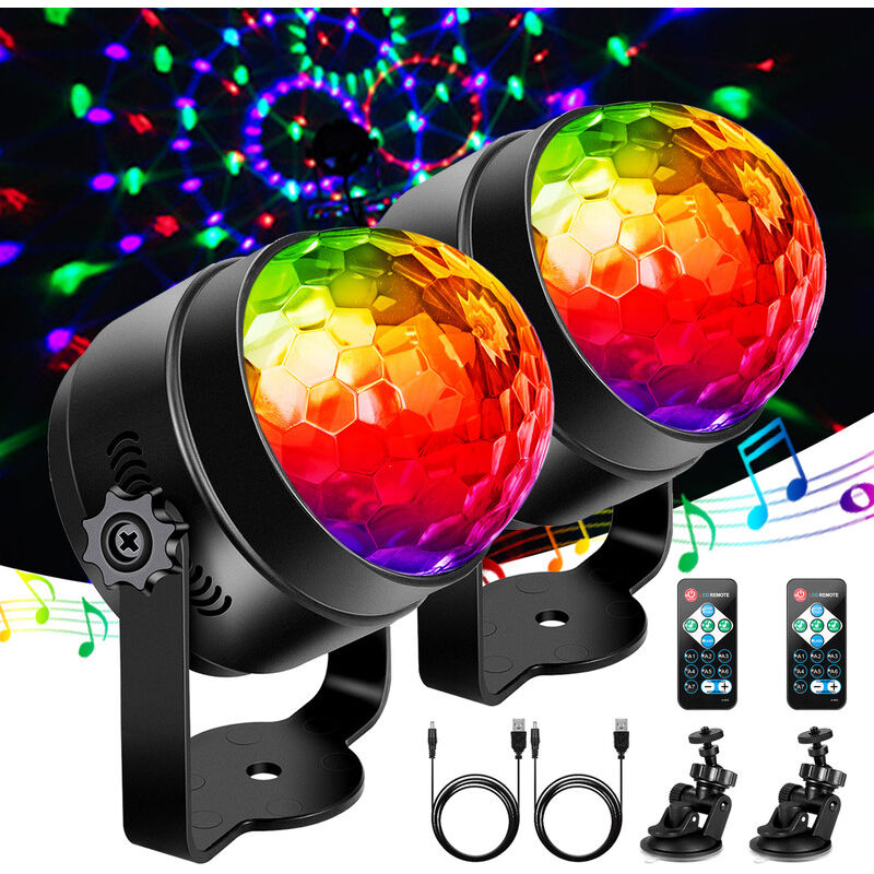 Lot de 2 boules à facettes led rotatives à 360° avec activation musicale et télécommande, effets lumineux dynamiques rvb 3 w, lumière de fête pour