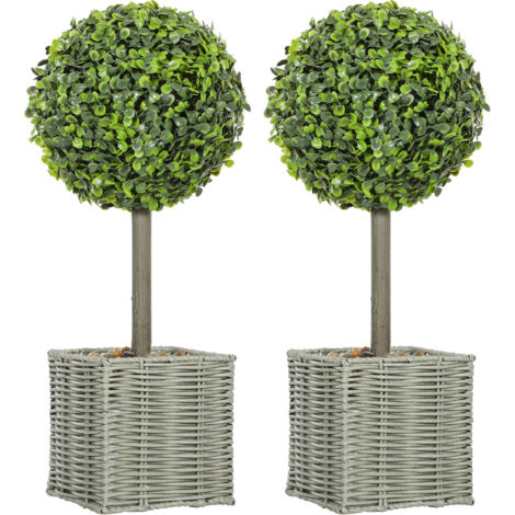 Lot de 2 boules de buis artificiel 50 cm en pot plastique tressé avec galets, vert